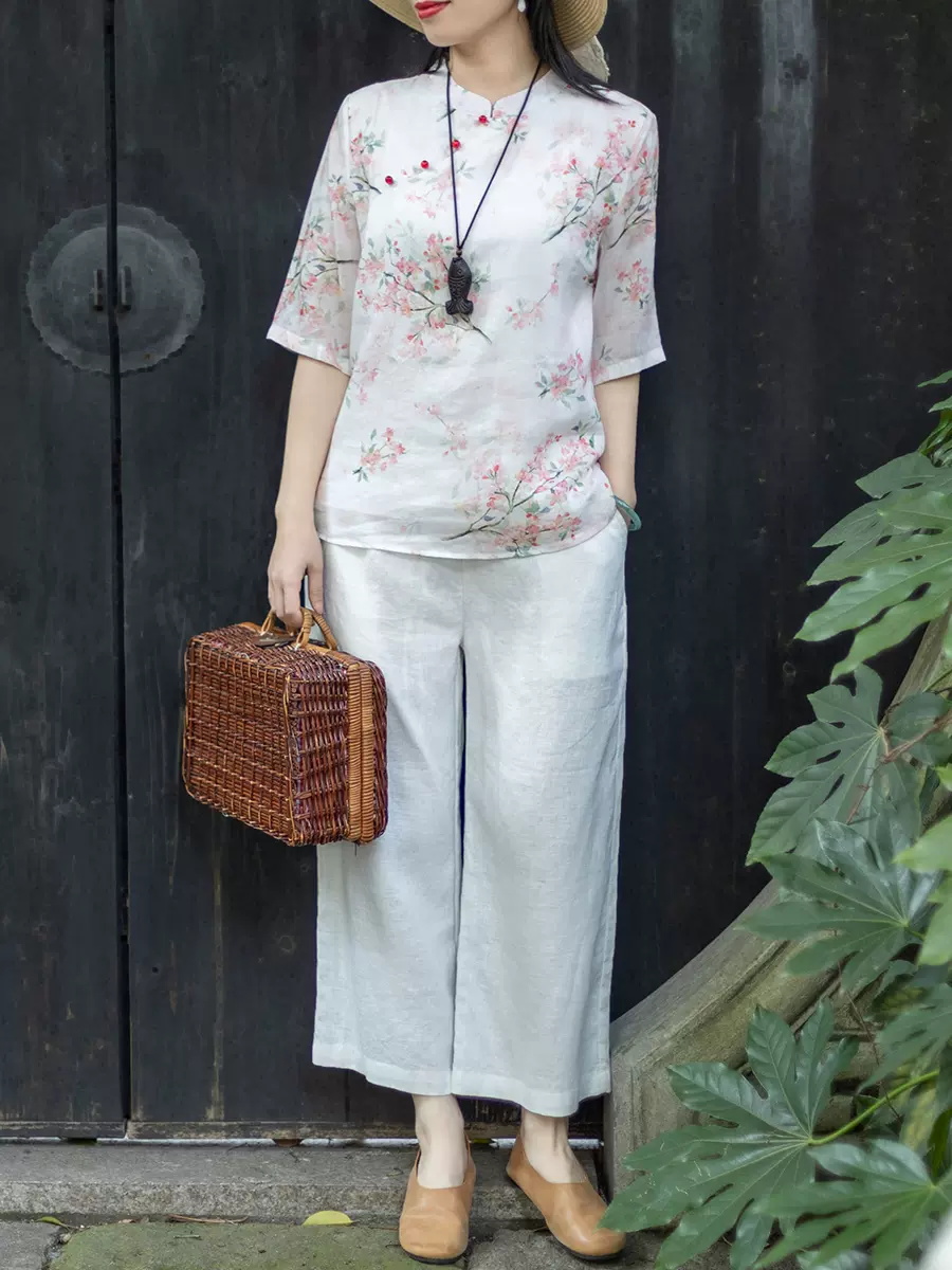 Linen Shirt Breathable - Chinese Style Floral Print Shirt And