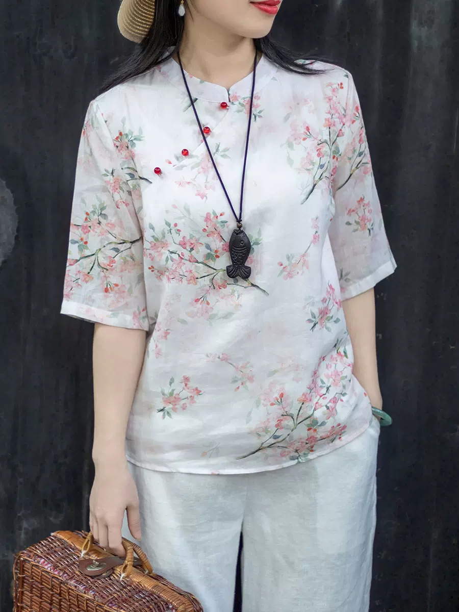 Chinese Style Floral Print Shi - огляд і ціна Linen Shirt Breathable